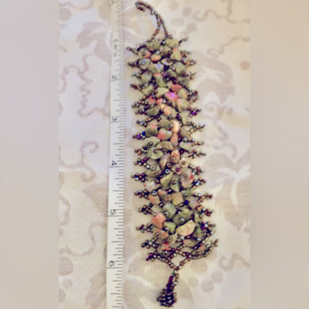 Artisan Bracelet stretchy Unakite semiprecious, peacock seed bead 6.5”- 7” woven